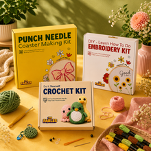 Load image into Gallery viewer, Punch Needle (Bow) + Crochet Kit (Penguin) + Embroidery Kit (Sunflower) - Pack of 3