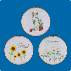Cat, Blossom & Sun Flower (Pack of 3) Combo DIY Learn-to-Embroidery Kit