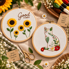Load image into Gallery viewer, Cat &amp; Sun Flower (Pack of 2) Combo DIY Learn-to-Embroidery Kit
