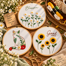 Load image into Gallery viewer, Cat, Blossom &amp; Sun Flower (Pack of 3) Combo DIY Learn-to-Embroidery Kit
